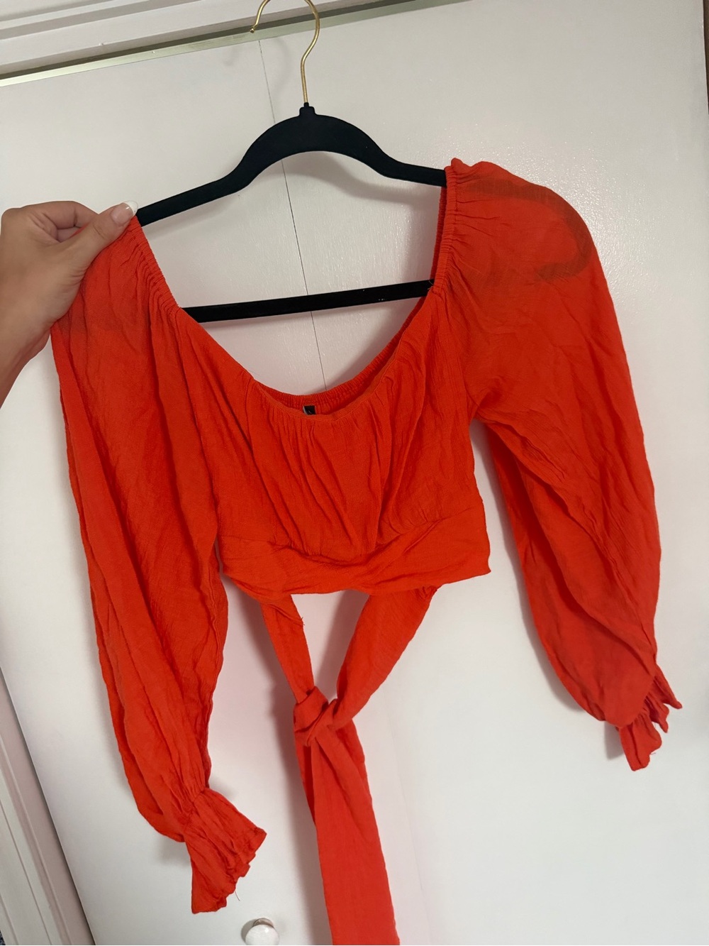 Tie- Back Orange Crop Blouse with Puff Sleeves
